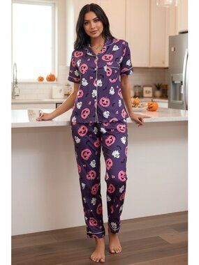 Pumpkin Ghost Button-Down Short Sleeve Set Lounge Pant Matching Halloween Pajama